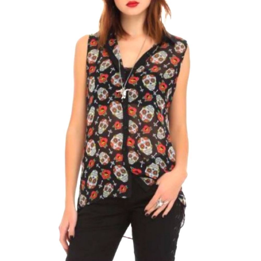 HOT Topic Dia De Muertos Button Sleeveless Blouse
